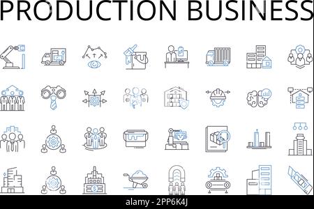 Collezione di icone della linea di business produzione. Industria manifatturiera, settore dei servizi, commercio al dettaglio, impresa agricola, istituto finanziario Illustrazione Vettoriale