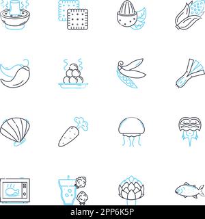 Icone lineari caffetteria set. Cibo, caffè, pranzo, colazione, snack, Bevande, sandwiches, linee vettoriali e segnali concettuali. Insalata, zuppa, contorno dessert Illustrazione Vettoriale