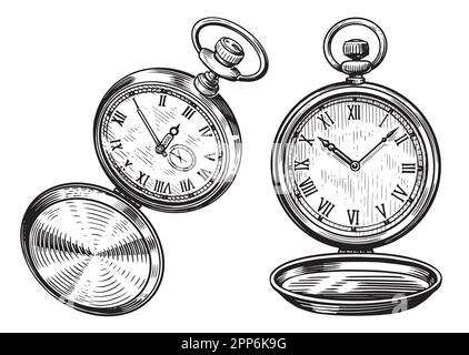 Orologio tascabile vintage. Tempo, concetto di orologio. Illustrazione del vettore di schizzo disegnato a mano Illustrazione Vettoriale