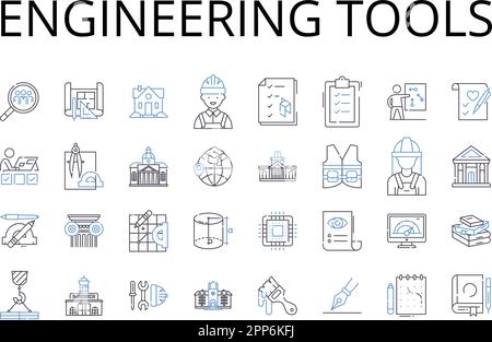 Collezione di icone di linea per gli strumenti di progettazione. Apparecchiature scientifiche, dispositivi tecnologici, macchinari informatici, strumenti di produzione, gadget per la ricerca Illustrazione Vettoriale