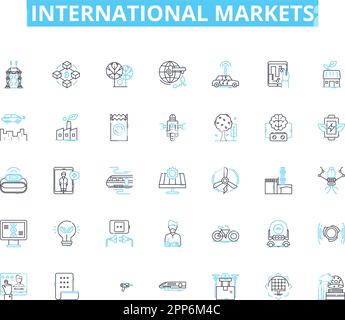 Set di icone lineari per i mercati internazionali. Globalizzazione, commercio, esportazione, importazione, transfrontaliero, Scambio, vettore di linea multinazionale e segnali di concetto Illustrazione Vettoriale