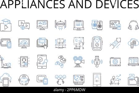 Collezione di icone delle linee di apparecchi e dispositivi. Attrezzi e gadget, oggetti e cose, macchine e contrazioni, attrezzature ed apparecchi, dispositivi e. Illustrazione Vettoriale