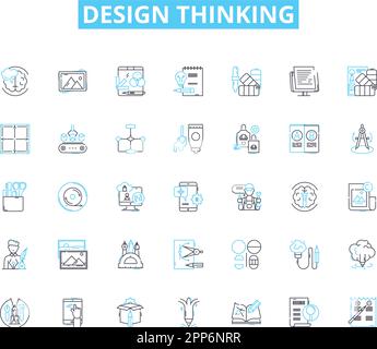 Set di icone lineari progettate pensando al design. Ideazione, prototipazione, empatia, iterazione, soluzioni, Approfondimenti, vettore di linea centrato sull'utente e segnali concettuali Illustrazione Vettoriale