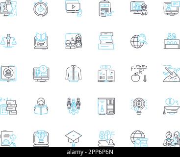 Set di icone lineari del campus universitario. Vivace, scenico, vibrante, spazioso, recintato, Segni didattici, di vettore di linea e di concetto. Storico Illustrazione Vettoriale