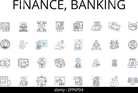 Finanza, collezione di icone della linea bancaria. Contabilità, investimenti, la mia gestione, Economia, finanziamenti, Capitale, vettore di attività e illustrazione lineare Illustrazione Vettoriale