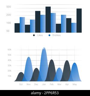 Grafici. Barre statistiche infografiche. Diagramma blu per la presentazione dei dati aziendali. Elementi dell'istogramma di confronto. Visualizzazione delle informazioni. Infografia del rapporto di analisi. Set di grafici analitici vettoriali Illustrazione Vettoriale