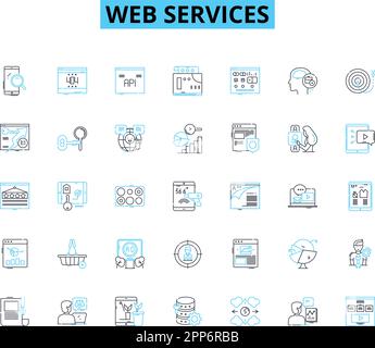 Set di icone lineari dei servizi Web. Integrazione, sicurezza, API, scalabilità, microservizi, Cloud, vettore di linea XML e segnali concettuali. REST, SOAP, JSON Illustrazione Vettoriale