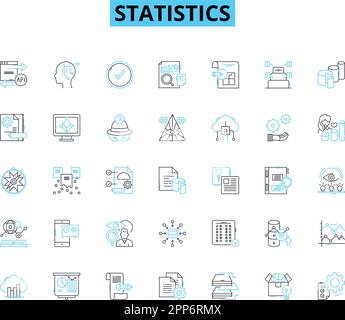 Icone lineari statistiche impostate. Probabilità, campionamento, dati, correlazione, varianza, Regressione, vettore della linea di ipotesi e segni concettuali. Analisi Illustrazione Vettoriale