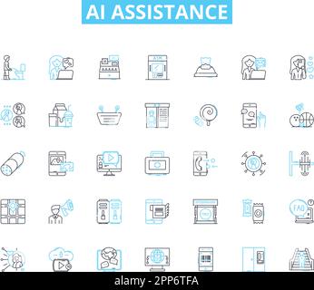Icone lineari di assistenza ai impostate. intelligente, automatizzato, reattivo, chatbot, virtuale, segnali di concetto e vettori di linea algoritmici ad attivazione vocale Illustrazione Vettoriale