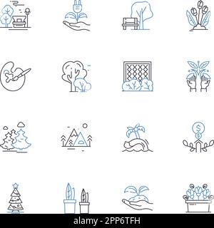 Collezione di icone linea verde. Fogliame, foglie, Botanico, verdeggiante, piante, Foresta, vettore naturale e illustrazione lineare. Alberi, Chlorophyll, giungla Illustrazione Vettoriale