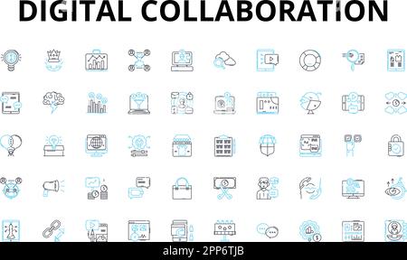 Set di icone lineari per la collaborazione digitale. Synergy, connettività, partecipazione, coinvolgimento, innovazione, Efficienza, flessibilità, simboli vettoriali e linee Illustrazione Vettoriale