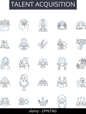 Collezione di icone per la linea di acquisizione dei talenti. Gestione delle prestazioni, fidelizzazione dei dipendenti, pianificazione delle successioni, risorse umane, soluzioni per il personale, Abilità Illustrazione Vettoriale
