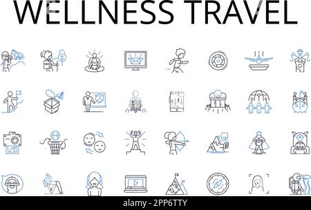 Wellness linea viaggio collezione icone. Eco-turismo, immersione culturale, vacanza avventura, fuga di lusso, rifugio di guarigione, Viaggio educativo Illustrazione Vettoriale