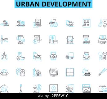 Set di icone lineari per lo sviluppo urbano. Gentrificazione, sviluppo, densità, infrastruttura, zonizzazione, Proliferazione, rivitalizzazione vettore di linea e concetto Illustrazione Vettoriale