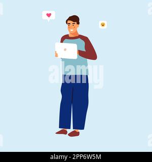 Persone che utilizzano il telefono. Personaggio maschile con smartphone. Web Messenger. Conversazione in rete. Simpatico ragazzo che tiene in mano il dispositivo mobile. Comunicazione via Internet. Icone emoji sorridenti e a mano. Vettore uomo chattando online Illustrazione Vettoriale