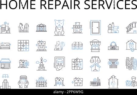 Home servizi di riparazione linea di raccolta icone. Servizi di handyman, manutenzione domestica, riparazione di proprietà, riparazione, restauro di proprietà, Ristrutturazione Illustrazione Vettoriale
