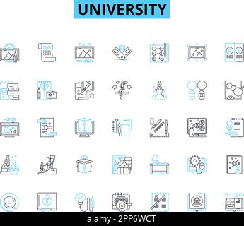 Set di icone lineari universitarie. Università, Campus, Istruzione, studente, Facoltà, Ricerca, Diversity Line Vector e Concept Signs. Comunità, successo Illustrazione Vettoriale