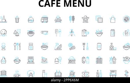 Icone lineari menu Cafe set. Brunch, caffè, dolci, panini, insalate, Smoothies, simboli vettoriali Tea e segni di concetto di linea. Colazione, dessert Illustrazione Vettoriale