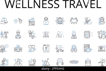 Wellness linea viaggio collezione icone. Eco-turismo, immersione culturale, vacanza avventura, fuga di lusso, rifugio di guarigione, Viaggio educativo Illustrazione Vettoriale