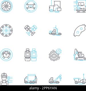 Set di icone lineari per l'industria automobilistica. Veicoli, automobili, automobili, camion, autobus, Moto, vettore di linea Fleet e segnali concettuali. Compnts,motori Illustrazione Vettoriale