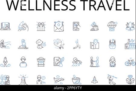 Wellness linea viaggio collezione icone. Eco-turismo, immersione culturale, vacanza avventura, fuga di lusso, rifugio di guarigione, Viaggio educativo Illustrazione Vettoriale