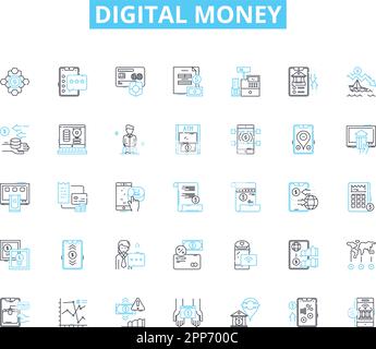 Set di icone digitali lineari per denaro. Criptovaluta, Blockchain, portafoglio, decentralizzazione, Bitcoin, Crypto, vettore di linea di tokenizzazione e segnali concettuali Illustrazione Vettoriale