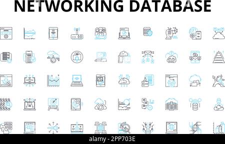 Set di icone lineari del database di rete. Connessione, collaborazione, relazioni, comunicazione, contatti, Condivisione, simboli dei vettori di dati e concetto di linea Illustrazione Vettoriale