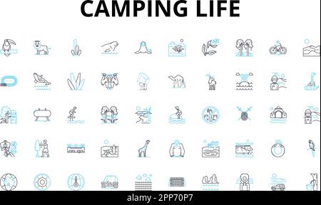 Camping vita lineare icone set. Avventura, Bonfire, zaino, tenda, Escursionismo, Marshmallow, simboli vettoriali natura e segni di concetto di linea. All'aperto Illustrazione Vettoriale