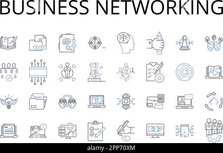 Raccolta di icone della linea di rete aziendale. Relazioni professionali, Relazioni commerciali, alleanze economiche, comunicazione aziendale, imprenditorialità Illustrazione Vettoriale