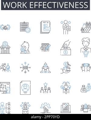 Raccolta di icone della linea di efficacia del lavoro. Sinergia del team, coinvolgimento dei dipendenti, efficienza delle attività, produttività delle riunioni, gestione del tempo, Utilizzo delle competenze Illustrazione Vettoriale