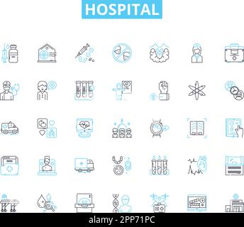 Set di icone lineari ospedaliere. Medicina, emergenza, personale, pazienti, Chirurgia, Ricupero, linea di ammissione vettore e segnali di concetto. Unità, Specialisti, Salute Illustrazione Vettoriale