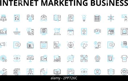 Internet marketing business lineare icone set. SEO, PPC, contenuti, analisi, social network, E-mail, simboli vettoriali mobili e simboli di concetto di linea. Strategia Illustrazione Vettoriale