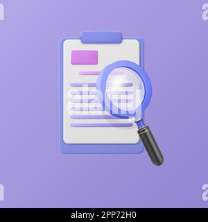 3D lente di ingrandimento e documento. Elenco di ricerca. Controllo dei dati aziendali. Contenuto di testo nel database. Pagina Office e lente di ingrandimento. Supporti di carta. Monitoraggio o ricerca delle informazioni. Icona plastica grafica vettoriale Illustrazione Vettoriale