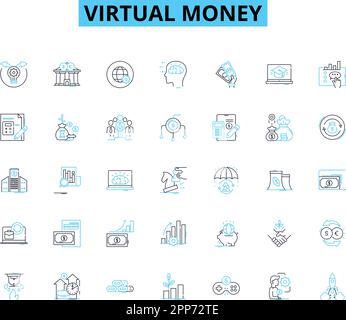 Set di icone lineari di denaro virtuale. Criptovaluta, Blockchain, Bitcoin, Ethereum, Litecoin, Ripple, vettore di linea Token e segnali concettuali. Valuta digitale Illustrazione Vettoriale