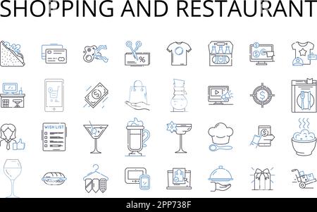 Collezione di icone della linea dello shopping e del ristorante. Retail Therapy, ristoranti, alimentari, ristoranti, negozi, Decollo, vettore di esplorazione e. Illustrazione Vettoriale