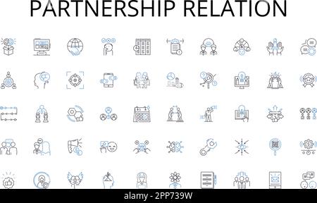 Insieme di icone della linea di relazione di partnership. Prospecting, pipeline, conversione, relazione, targeting, Innesto, vettore di beccheggio e lineare Illustrazione Vettoriale