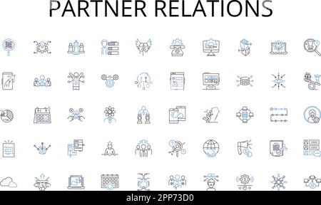 Raccolta di icone delle linee di relazioni con i partner. Coltivazione, raccolto, irrigazione, fertilizzante, bestiame, Ritaglio, vettore agronomico e illustrazione lineare. Aratro Illustrazione Vettoriale