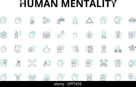 Set di icone lineari per la mentalità umana. Capacità, percezione, emozione, intelligenza, istinto, Resilienza, simboli vettoriali di creatività e segni di concetto di linea Illustrazione Vettoriale