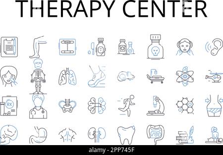 Collezione di icone della linea centrale di terapia. Clinica sanitaria, centro benessere, centro trattamenti, centro di guarigione, casa di recupero, Strutture per riabilitazione, Fitness Illustrazione Vettoriale