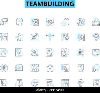 Set di icone lineari per la creazione di team. Collaborazione, fiducia, sinergia, leadership, comunicazione, Motivazione, vettore della linea di coesione e segnali concettuali Illustrazione Vettoriale