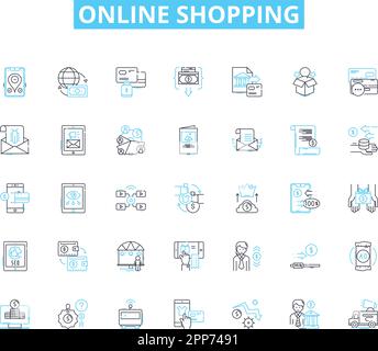 Set di icone lineari per lo shopping online. E-commerce, digitale, consumismo, Cyber, mercato, Internet, Virtual Line Vector e Concept Signs. Vendita al dettaglio Illustrazione Vettoriale