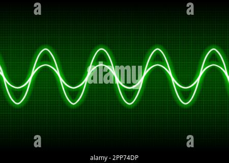 Schema astratto della curva coseno verde al neon sullo schermo digitale dell'oscilloscopio scuro. Onde elettriche c.a. oscillanti. Equalizzatore digitale. Esperimento scientifico. Illustrazione Vettoriale