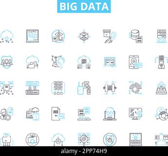 Set di icone lineari per big data. Analytics, Insights, Volume, velocità, varietà, Cloud, vettore di linee macchina e segnaletica concettuale. Apprendimento, previsione, analisi Illustrazione Vettoriale