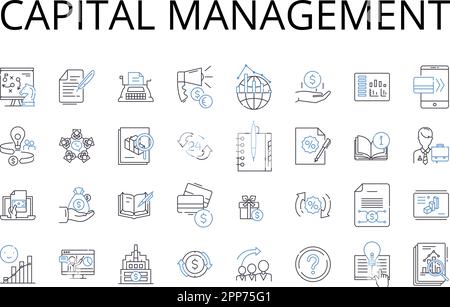 Collezione icone della linea di gestione del capitale. Controllo del bilancio, pianificazione fiscale, allocazione delle risorse, strategia di Mentia, amministrazione dei fondi, Gestione del Tesoro Illustrazione Vettoriale
