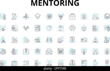 Set di icone lineari di mentoring. Apprendimento, guida, coaching, supporto, consulenza, Esperienza, condivisione di simboli vettoriali e segnali di concetto di linea. Leadership Illustrazione Vettoriale