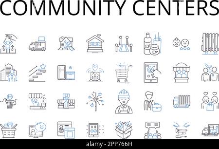 Collezione di icone delle linee dei centri comunitari. Istituzioni didattiche, centri culturali, spazi sociali, centri ricreativi, organizzazioni civiche, Hub di attività Illustrazione Vettoriale