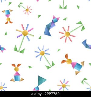 Acquerello senza cuciture modello di fiori, gatti costruiti con mattoni di legno. Bella illustrazione isolata su sfondo bianco. Per la stampa per bambini, poster Foto Stock