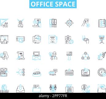Set di icone lineari dello spazio ufficio. Cubicoli, scrivanie, riunione, collaborazione, ufficio, Mobili, linee di lavoro vettoriali e segnaletica concettuale. Efficienza Illustrazione Vettoriale