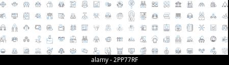 Seminario di marketing linea icone raccolta. Strategia, tattiche, analisi, consumatore, coinvolgimento, Branding, vettore di segmentazione e illustrazione lineare Illustrazione Vettoriale