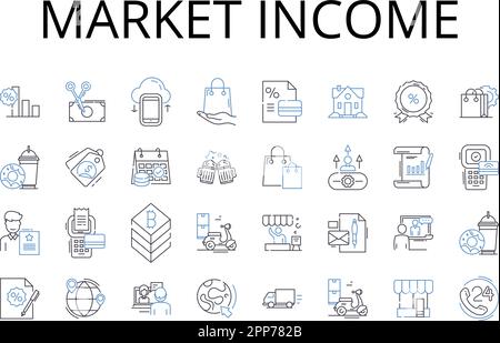 Mercato entrata linea icone raccolta. Utile lordo, interessi semplici, retribuzione annuale, utile netto, reddito disponibile, Reddito imponibile, utile operativo Illustrazione Vettoriale